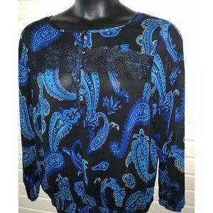 Lucky Brand Sz XL Blue Black Paisley Print Blouse  Lace Trim Henley EUC